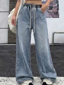 Dazy Plus Celana Jeans Denim Panjang Kasual Jalanan dengan Pinggang Elastis dan Tali Serut, Potongan Lurus Longgar, Dicuci dan Rusak, Cocok untuk Semua Musim Gugur. - Light Wash - View 3