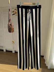 Comfortcana Plus Size Spring/Autumn Crochet Striped Vintage Sweater Pants Halloween - Black and White - View 7