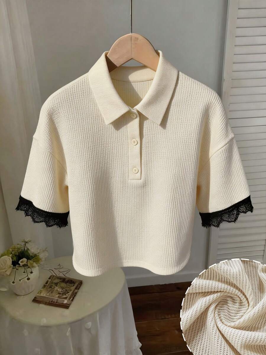 Modelyn Korean Style Lace Patchwork Polo Collar Textured Summer Short Sleeve Elegant Casual Versatile Women's Cropped Shirt Formal Party Black And White