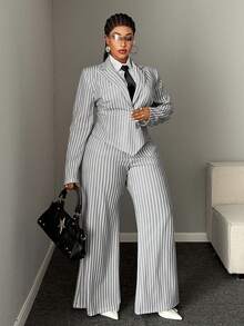 Mawevolt Plus Size Striped Vintage Casual Commute Interview Waist-Cinching Long Sleeve Blazer High Waist Wide Leg Pants Suit Set - Light Grey - View 3
