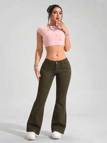 SHEIN PETITE 女款街頭時尚喇叭腿牛仔褲，小個女款 - 軍綠色 - 查看 6