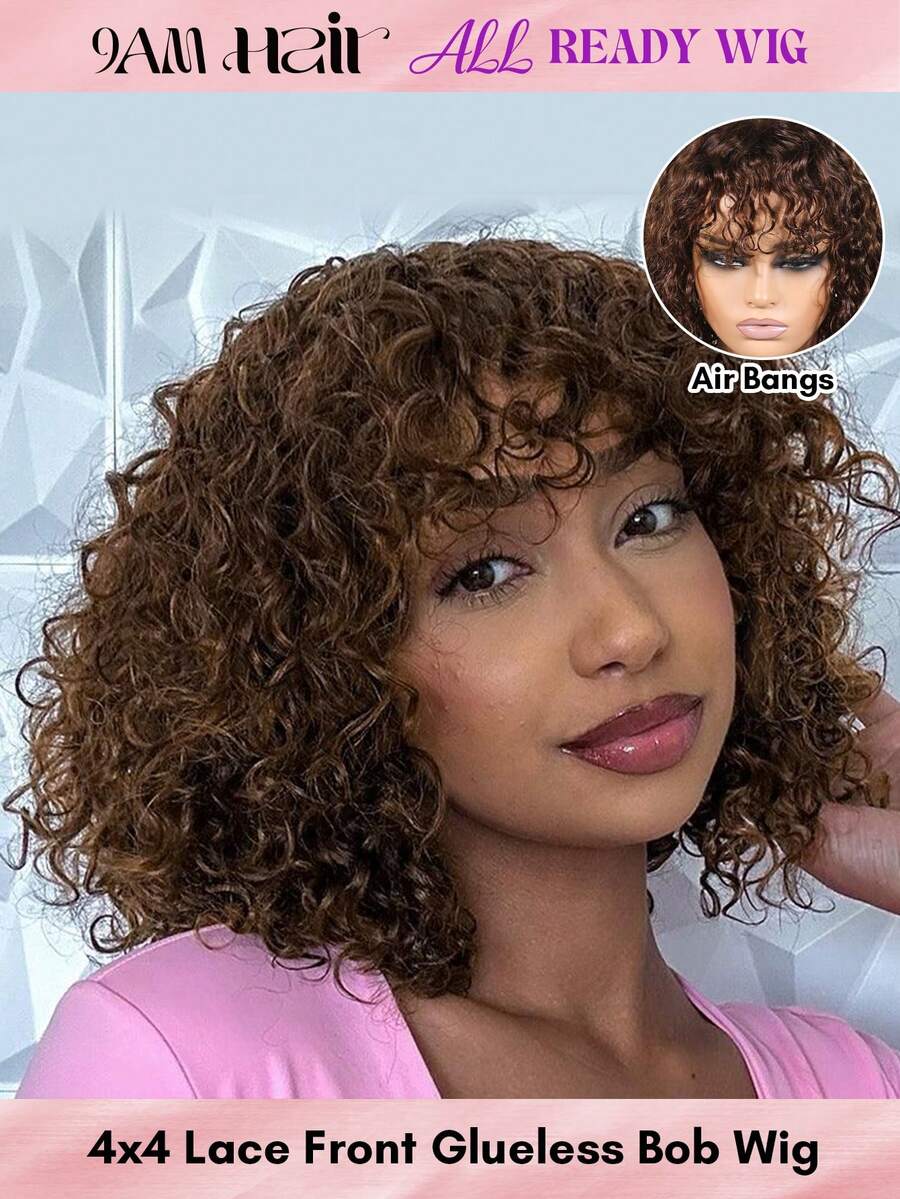 ALL READY WIG Peluca Bob sin pegamento de cabello humano con ondas de agua y flequillo, peluca de encaje de cabello humano para mujeres #4 marrón CHIC BOB, peluca lista para usar estilo SHAGGY, encaje pre-depilado y pre-cortado con cierre de encaje 4x4, peluca sin pegamento con cabello frontal 100% cabello humano - S4 - Ver 1