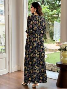 Al Najma 女款印花圓領蕾絲飾邊拼接喇叭裙 - 黑色 - 查看 2