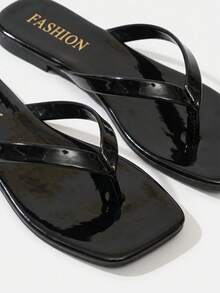 Lumivelle Women's Summer Square Toe Flip Flops, Comfortable Sandals, Glossy Fashion Flat Slippers For Home, Outing, Party, Beach - Black - View 5