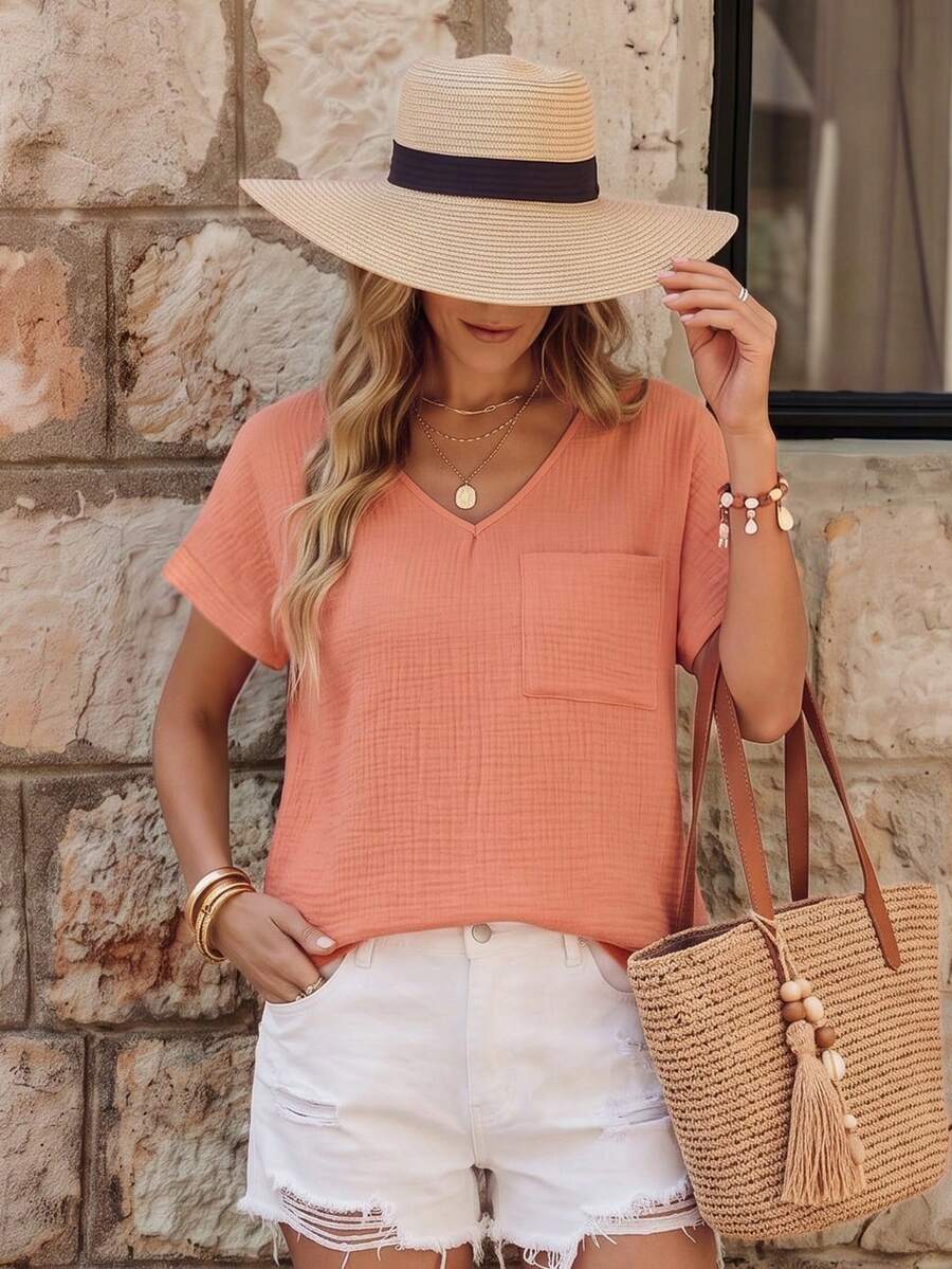 EMERY ROSE Crinkle Texture V-Neck Women Short Sleeve Blouse - Coral Orange - View 1