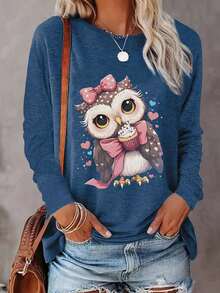 Cute Owl Animal Print Fashion Round Neck Women's Pullover T-Shirt Fall Cloth For Women - Blue - View 1