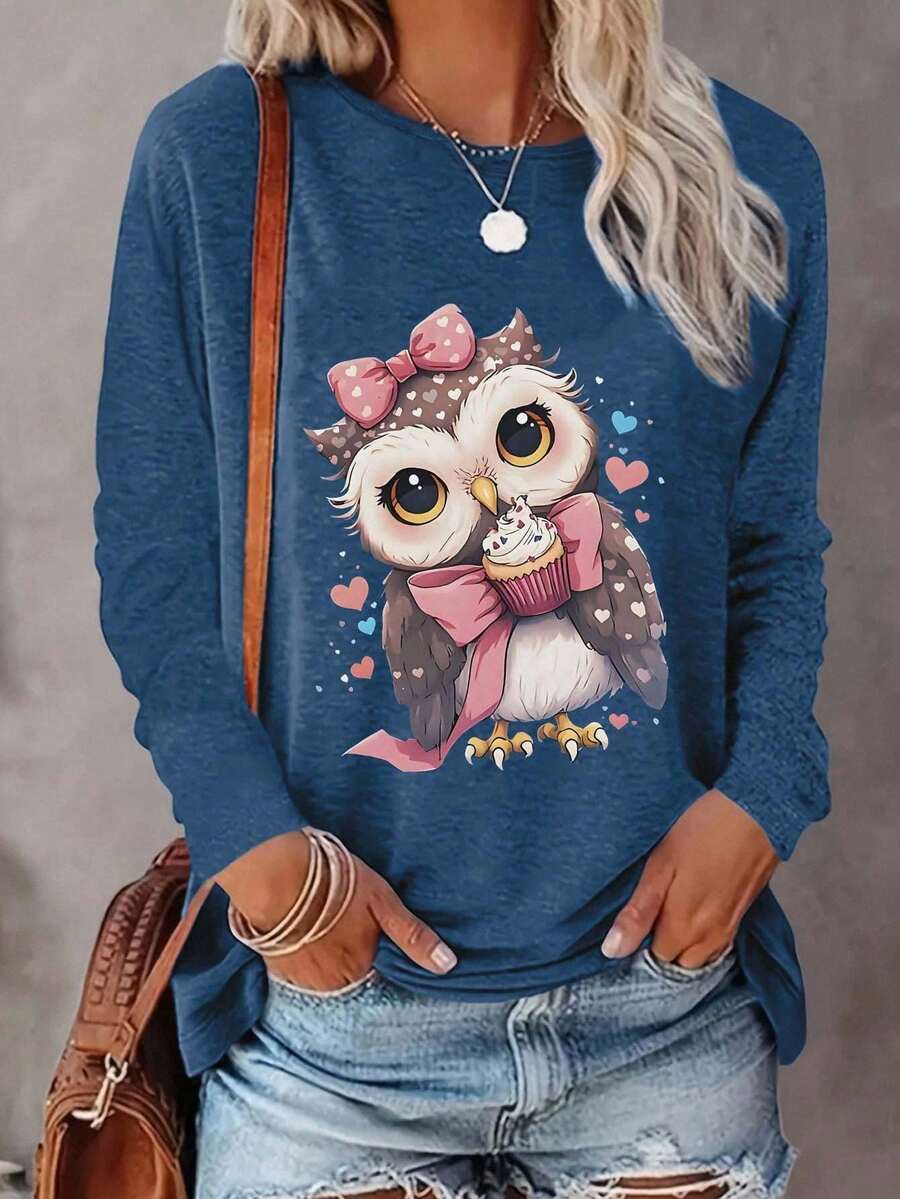 Cute Owl Animal Print Fashion Round Neck Women's Pullover T-Shirt Fall Cloth For Women - Blue - View 1