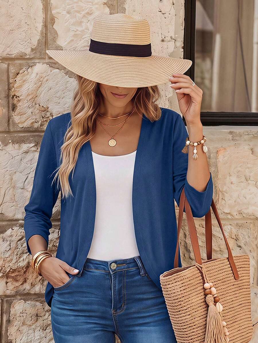 EMERY ROSE Casual Solid Color Lightweight Cardigan Autumn Winter Clothes For Women - Royal Blue - View 1