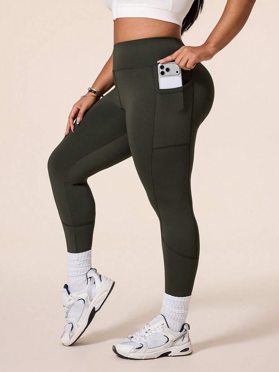 SHEIN Unity 1pc Regular Leggings / Plus Size / Army Green + Sports Leggings + Fitness/Yoga - Olive Green - View 1