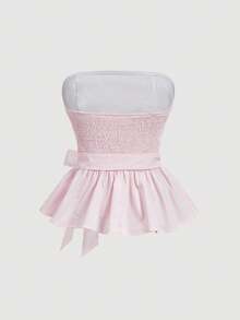 SHEIN MOD Bow Belt Bandeau Top With Ruffle Trim - Pink - View 2