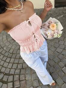 Sunnyshic Solid Color Tie-Up Hollow Out Ruffle Trim Women's Bandeau Top - Baby Pink - View 1