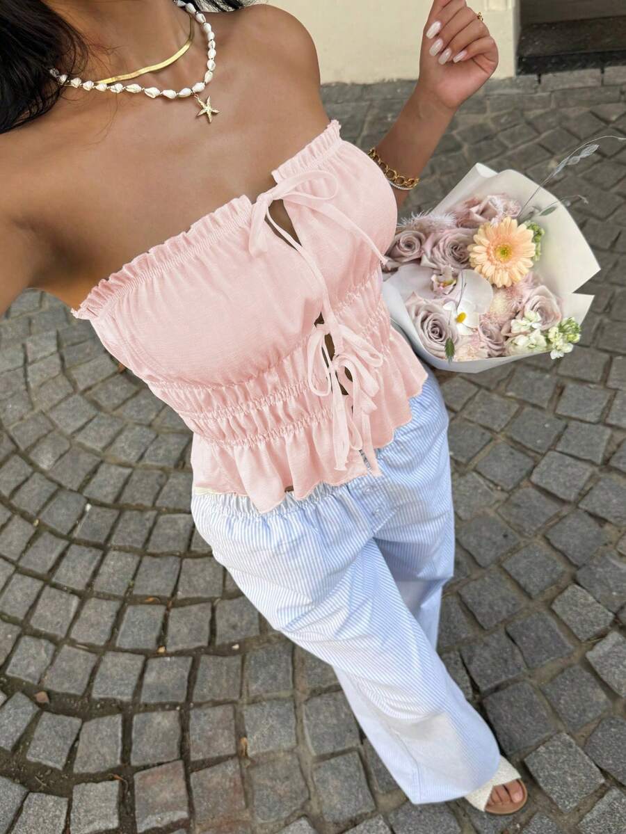 Sunnyshic Solid Color Tie-Up Hollow Out Ruffle Trim Women's Bandeau Top - Baby Pink - View 1