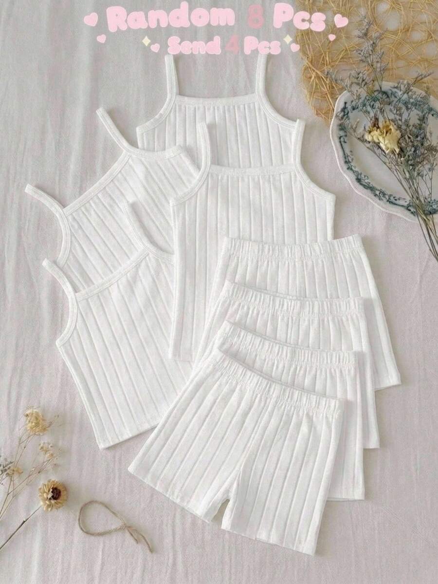 SHEIN Young Girls Kids Spring/Summer Camisole Top And Shorts Set, Solid Color Ribbed Multi-Color Camisole And Short Leggings 2pcs -Piece Set, All Season - White - View 1