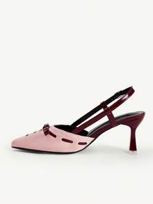 CUCCOO CHICEST New Pink Brown Color Matching Bow Pointed Slingback Sandals Women's High Heel Commuting Versatile Low Vamp Elegant Shoes - Pink - View 5