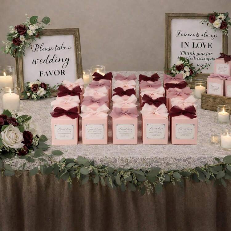 3 Colors, High-Quality Handmade Chiffon Edged Ribbons, Suitable For Wedding Invitations, Mother's Day, Bridal Bouquets, Gift Wrapping, DIY Crafts - Burgundy Light Pink Leather Powder - View 2