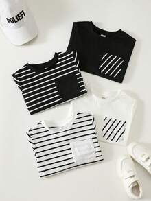 SHEIN Young Boy 4pcs/Pack Multi-Color Spring/Autumn/Winter Comfortable Soft All-Match Versatile Striped Long Sleeve Inner T-Shirt, Simple Cute Contrast Color Print Pattern, Korean Style Casual Sports, Suitable For Home And Outdoor - Multicolor - View 3