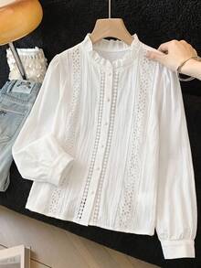 SHEIN 青少年女孩休閒純棉白色襯衫，刺繡裝飾、荷葉邊、單排扣，純白色優雅鏤空襯衫，春季風格 - 白色 - 查看 2