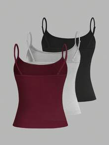 SHEIN EZwear 3件裝休閒極簡細肩帶修身女款背心上衣，適合夏季 - 彩色 - 查看 2