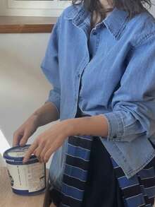 DAZY Solid Color Loose Long Sleeve Denim Shirt Casual Vacation Spring Autumn Women's Denim Top - Blue - View 3