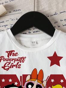 THE POWERPUFF GIRLS X SHEIN 女童夏季休閒卡通印花短袖T恤 - 白色 - 查看 3