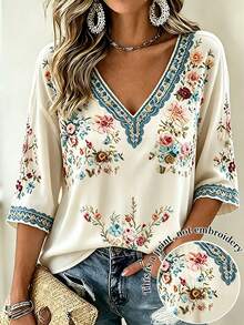 Selamara Plus Size Women's Floral Print Casual Versatile Daily Wear Top Fall - Multicolor - View 1
