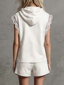 LUMIGAL Women Sporty White Zippered Lace-Trimmed Double-Pocket Sleeveless Hooded - White - View 2