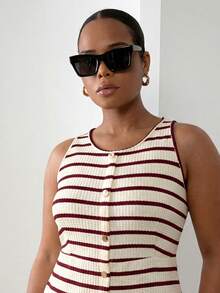 ELLERISSA Plus Size Beige & Red Stripe Round Neck Sleeveless Front Button Waffle Knit Mini Dress - Red - View 3