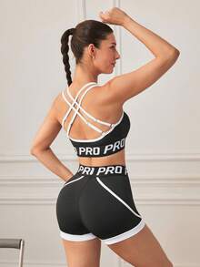 Eassivo Women's Versatile Jacquard Tank Top And Colorblock Shorts Sports Set - Black - View 2
