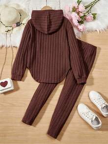 Girls' Knit Ribbed Hooded Asymmetrical Hem T-Shirt & Leggings 2 Pieces Set - Brown - View 2