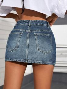 SHEIN PETITE Women's Casual Denim Mini Skirt With Pockets - Blue - View 2