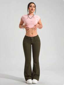 SHEIN PETITE 女款街頭時尚喇叭腿牛仔褲，小個女款 - 軍綠色 - 查看 4