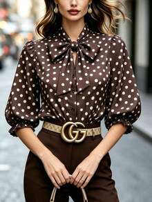 SHEIN Brown All-Over Print White Small Polka Dot Collar Large Bowknot Blouse With Puff Shoulders, Ruffle Trim Mid-Sleeves, Single-Breasted Round Buttons, Cinched Waist, Versatile Base Layer Shirt - Multicolor - View 5