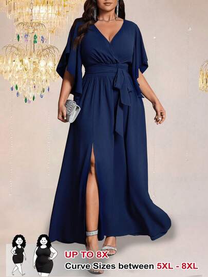 SHEIN CURVE+ 大码女式纯色修身V领喇叭袖系带腰部褶饰开衩优雅派对连衣裙