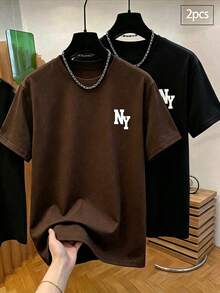SHEIN Vacaura 青少年男孩字母圖案休閒日常短袖T恤 - 彩色 - 查看 1