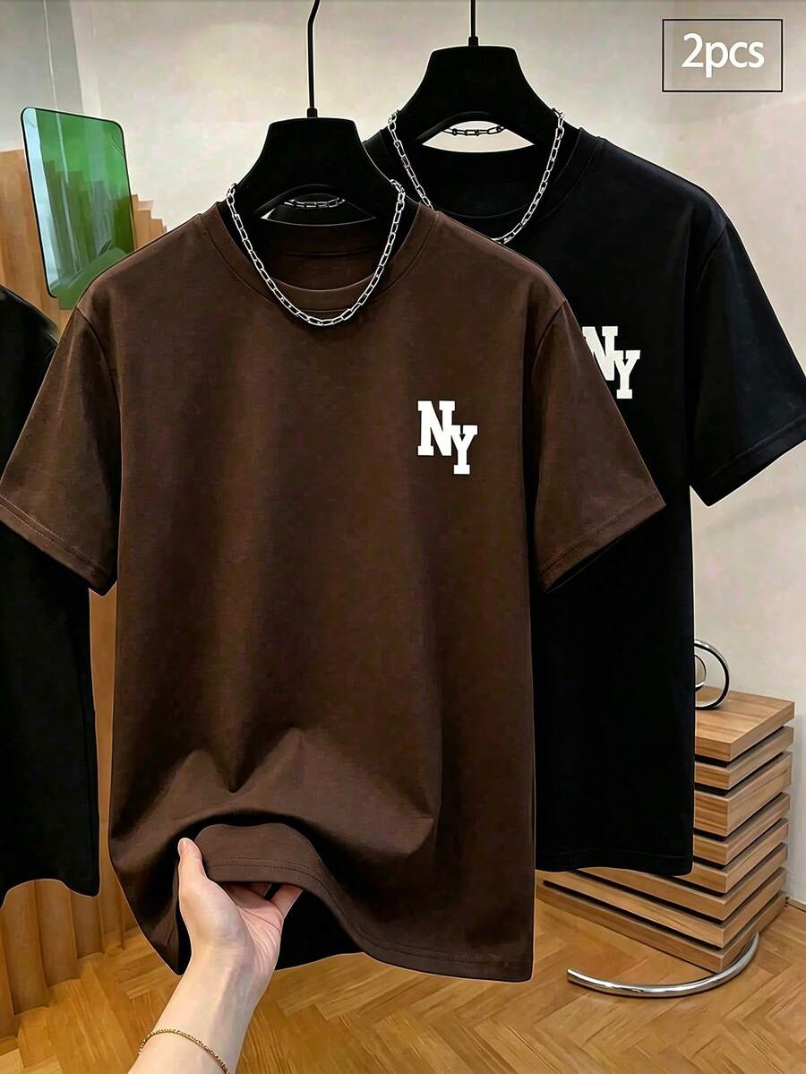 SHEIN Vacaura 青少年男孩字母圖案休閒日常短袖T恤 - 彩色 - 查看 1