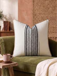 Cirelle 1pc/2pcs All-Season Middle Vertical Striped Patchwork Throw Pillow Covers, Square Cushion Cases With Piped Edge Design, Neutral Rustic Farmhouse Boho Home Decor For Sofas,Bedrooms,Bay Windows,Homestays&Influencer Apartments,Pillow Insert Not Included - Black - View 5