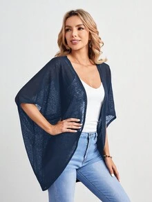 EMERY ROSE Women's Plain Color Batwing Sleeve Loose Casual Open Front Short Jacket, Summer In Fall/Winter - Navy Blue - View 6