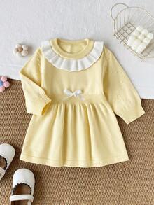 SHEIN Baby Girl Colorblock Patchwork Ruffle Long Sleeve Cute Knitted Dress - Yellow - View 5