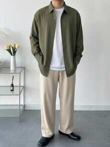 DAZY Spring/Autumn Long Sleeve Army Green Shirt With Apricot Long Pants Embroidered Chest Commuter Men's Shirt Set - Multicolor - View 3