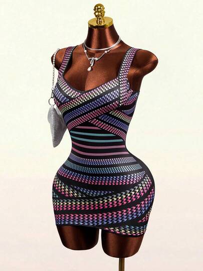 Mistrie Women's Black And Pink Fitted Sexy Bandage Spaghetti Strap Dress Party Club Summer