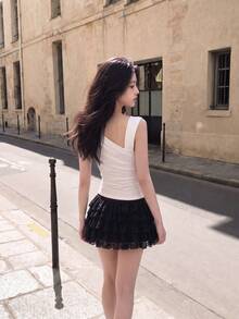 SHEIN MOD White Asymmetrical Shoulder Women Summer Music Festival White Top Tops - White - View 8