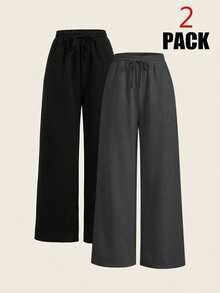 SHEIN PETITE CURVE Plus Size Solid Color Versatile Drawstring Waist Pocket Long Pants 2pcs Set For Daily Wear Fall - Multicolor - View 6