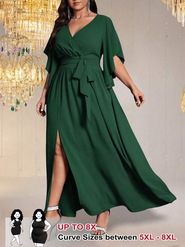 SHEIN CURVE+ 大码女式纯色修身V领喇叭袖系带腰部褶饰开衩优雅派对长裙