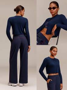 GLOWMODE Wool Blend Big Softie Cropped Knit Cardigan With Button Placket & Tonal Logo Embroidery Daily Casual Wear - Navy Blue - View 7