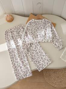 Conjunto de 2 piezas de sudadera de punto con lazo y pantalones largos de manga larga para niñas, primavera/otoño, estilo deportivo - Multicolor - Ver 2