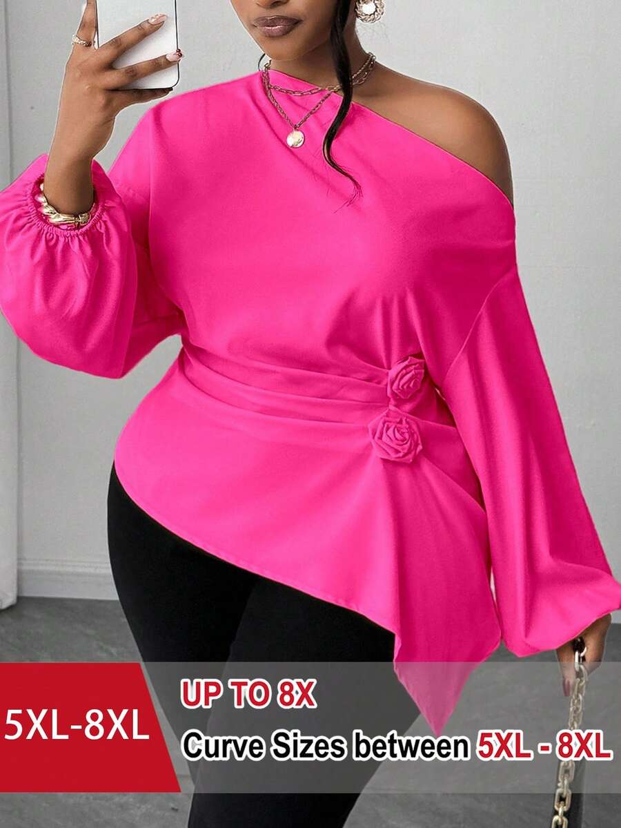 SHEIN CURVE+ Blusa asimétrica con hombros fruncidos y rosa para mujer de talla grande, diseño sencillo, adecuada para el trabajo, primavera/otoño/invierno - Rosa Fucsia - Ver 1