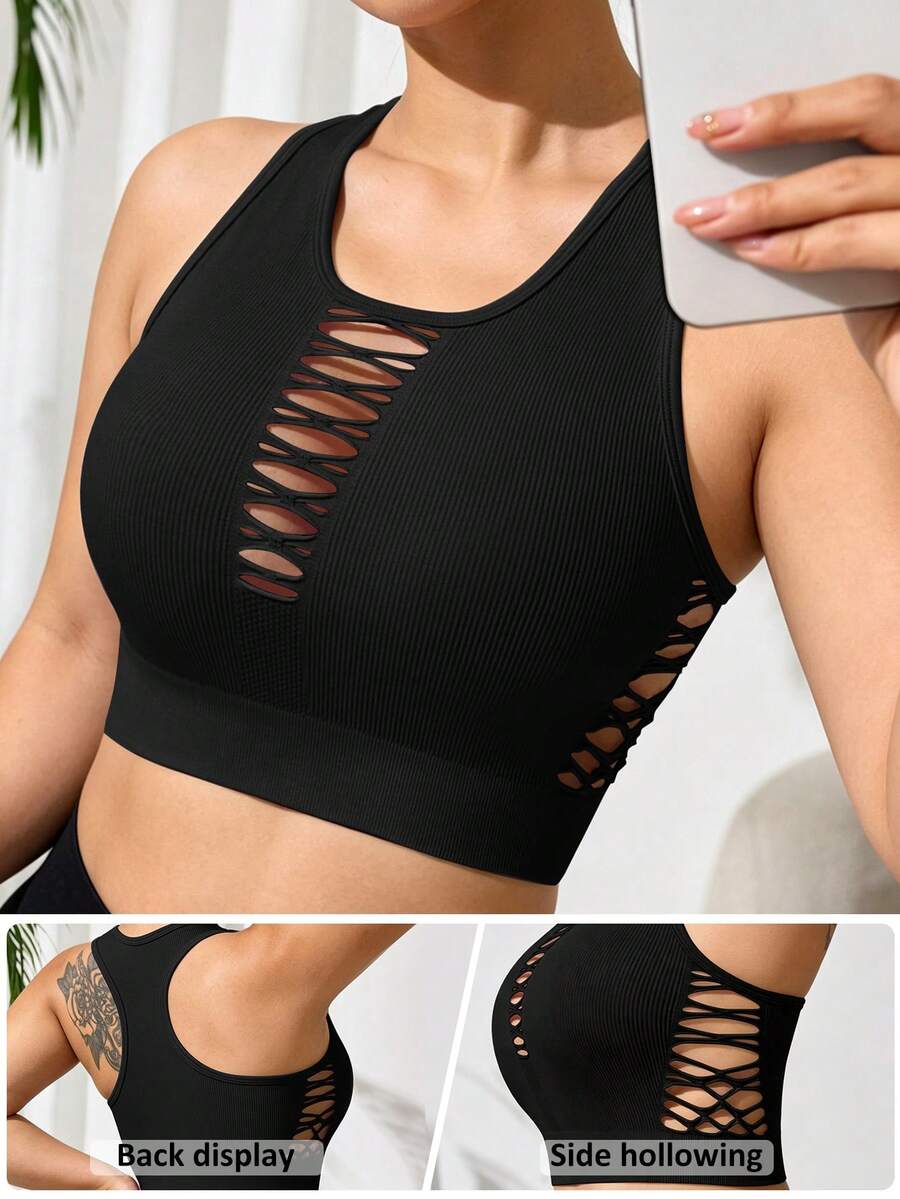 SHEIN Velisys Seamless Plus Size Hollow Out Sports Tank Top - Black - View 1