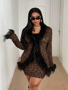 Maweii Plus Size Women Leopard Print Sexy 70's Cardigans+Mini Skirt Set Autumn Cloth For Women Night Party Rave Brown Fall - Brown - View 4