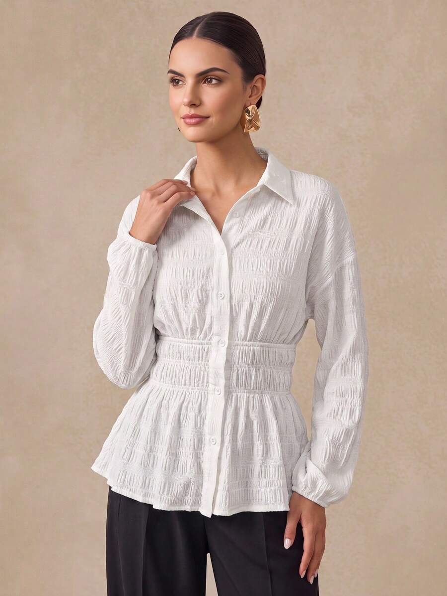 Almamuse 白色条纹纹理优雅休闲女式衬衫,全白休闲春季款 - 白色 - 查看 1