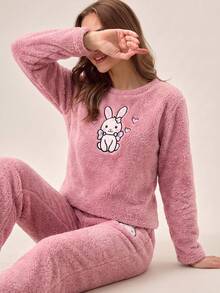 SHEIN Pink Fuzzy Plush Cute Rabbit Cartoon Embroidery Detail Round Neck Long Sleeved Shirt & Long Pants Homewear Comfort Cute Pajama Set - Pink - View 5